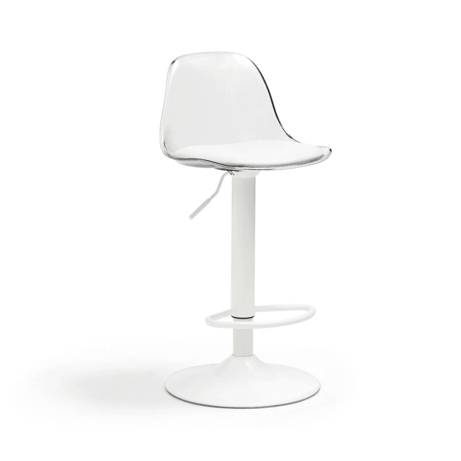 A modern bar stool featuring a clear, contoured acrylic seat with a white padded cushion. It stands on a white, height-adjustable pedestal base with a circular footrest and a round disk-shaped floor plate, indicating a swivel and hydraulic lift mechanism. — 3D model