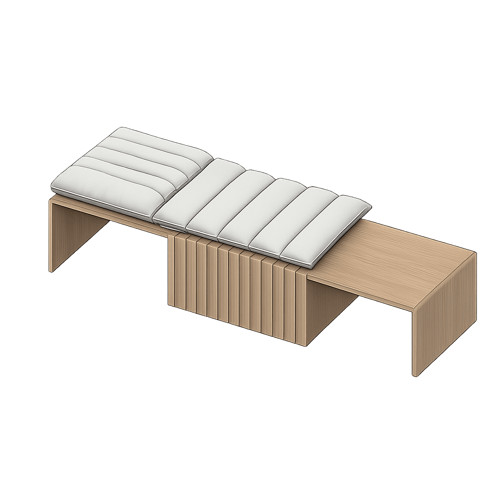 A modern bench with a wooden base and a padded, tufted top. The wooden base features a slatted design on the front of the central section and smooth, curved end supports. The top is composed of multiple segmented cushions arranged linearly. — 3D model