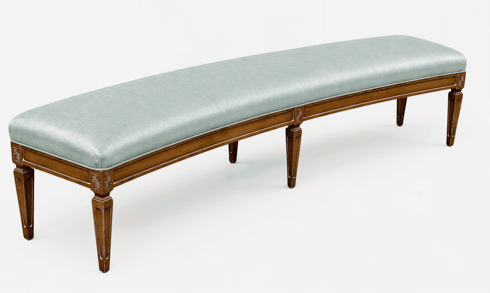 A long, upholstered bench with a curved seat and a wooden frame. The bench has six tapered legs, eac… — 3D model