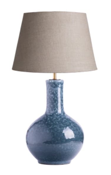 A table lamp with a ceramic base and a fabric lampshade. The base has a rounded, bulbous lower section that tapers to a narrower neck, finished with a speckled blue glaze. The lampshade is conical and appears to be made of a neutral-toned fabric. — 3D model