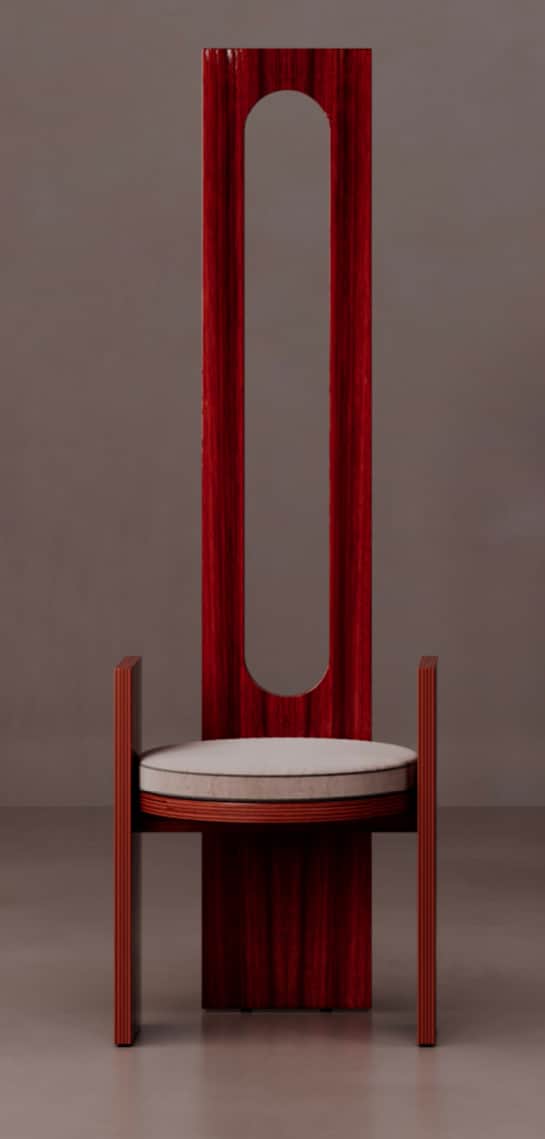 A tall, slender chair with a distinctive elongated oval opening in the backrest. The seat is circula… — free GLTF 3D model
