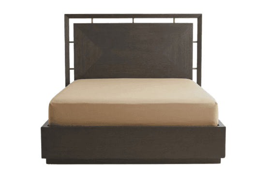 A modern platform bed frame with a rectangular headboard. The headboard features a geometric inset panel with a wood grain texture and a minimalist frame with vertical and horizontal supports. The bed frame is a solid, dark-toned platform base with a clean, boxy design. — 3D model