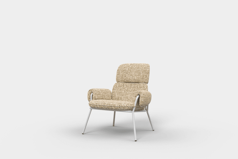 A modern armchair with a high back and padded arms, supported by a slender white metal frame. The upholstery appears to be a textured fabric in a neutral, multi-tonal beige or tan color. — 3D model