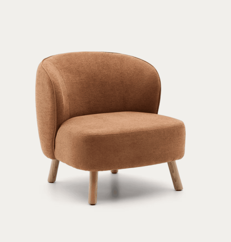 A compact, contemporary upholstered chair featuring a rounded back and seat, supported by four splayed wooden legs. The chair is entirely covered in a textured, brown fabric, with subtle piping along the seams of the backrest. Its design is armless, creating a clean and minimalist silhouette. — 3D model