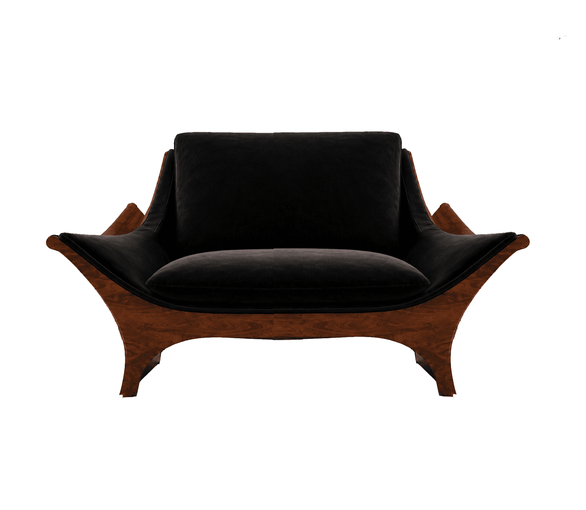 A modern armchair with a sculptural wooden base and a plush black upholstered seat and backrest. The… — 3D model