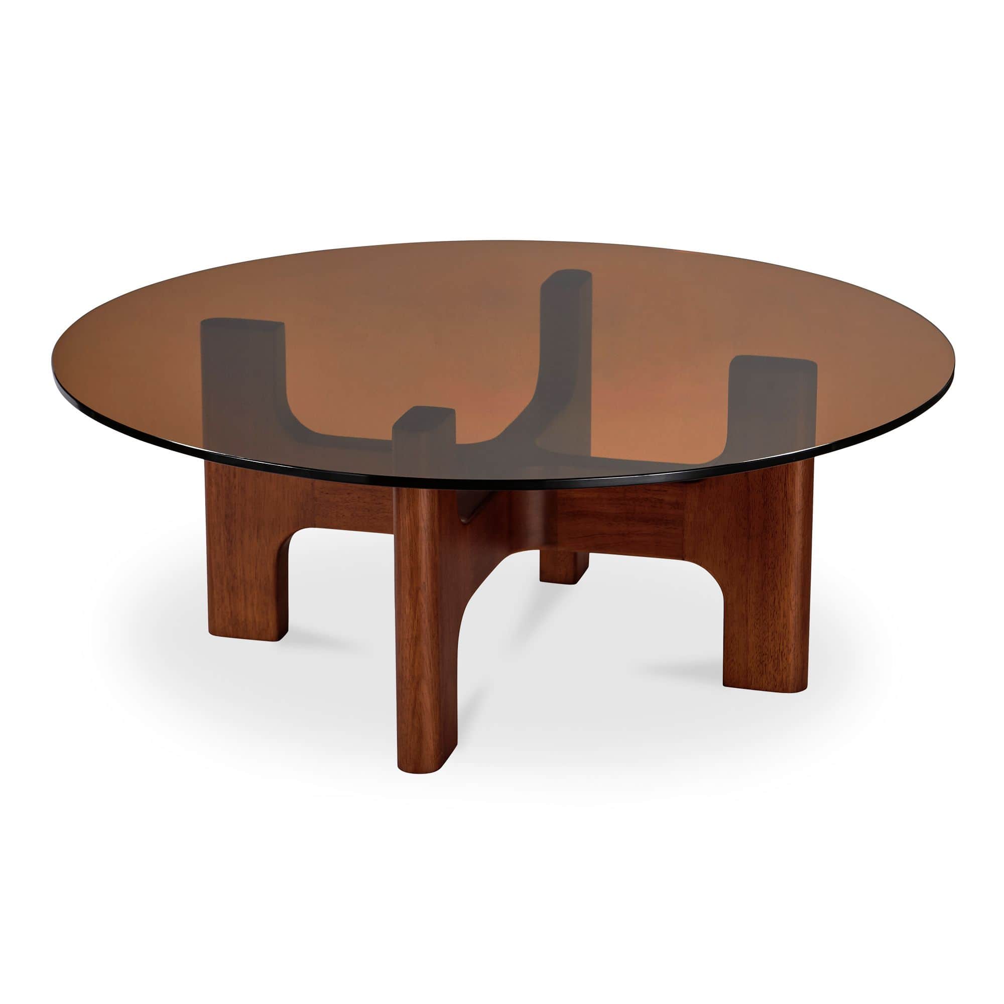 A circular coffee table featuring a dark smoked glass top supported by a distinctive, sculptural woo… — 3D model