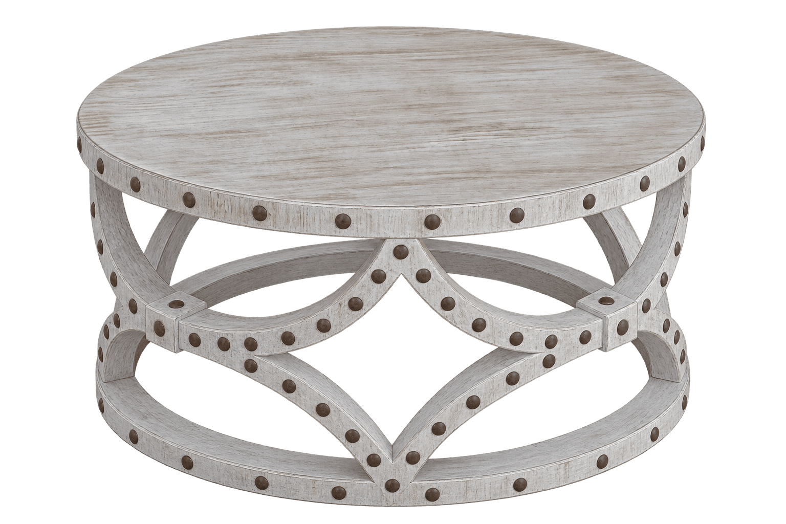 A round coffee table featuring a whitewashed wooden construction with a distinctive open-frame scrollwork base. The table's edges and the various segments of the base are adorned with evenly spaced, antiqued metal nailhead studs, adding a rustic or industrial accent. The top surface exhibits a distressed wood grain, consistent with the whitewashed finish. — 3D model