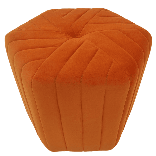 An orange hexagonal ottoman, upholstered in velvet-like fabric with a geometric channel tufting pattern. The top surface features a central button tuft, and the sides taper slightly towards the base. The overall appearance is plush and contemporary. — 3D model