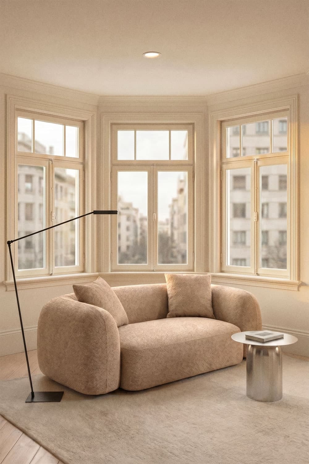 A contemporary two-seater sofa, or loveseat, upholstered in a beige textured fabric with soft, rounded armrests and back. — 3D model