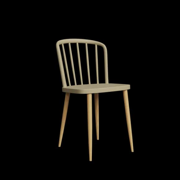 A modern dining chair featuring a light greige, molded plastic seat and spindle backrest, supported… — 3D model