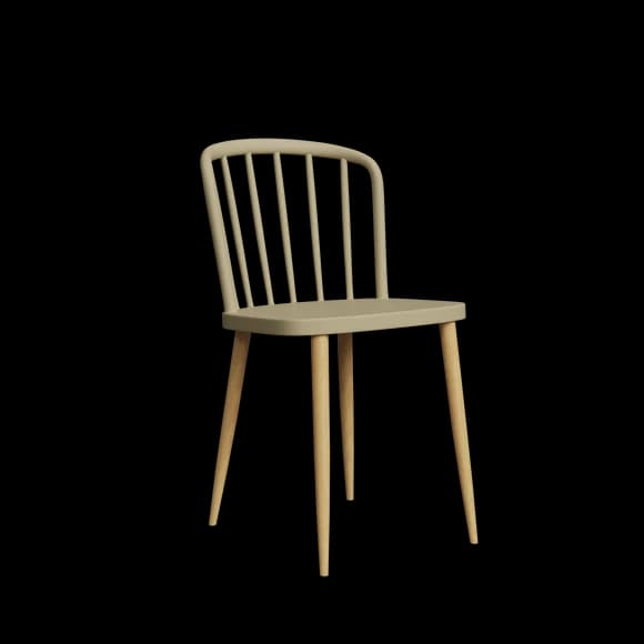 A modern dining chair featuring a light greige, molded plastic seat and spindle backrest, supported by four tapered, light-toned wooden legs. — 3D model