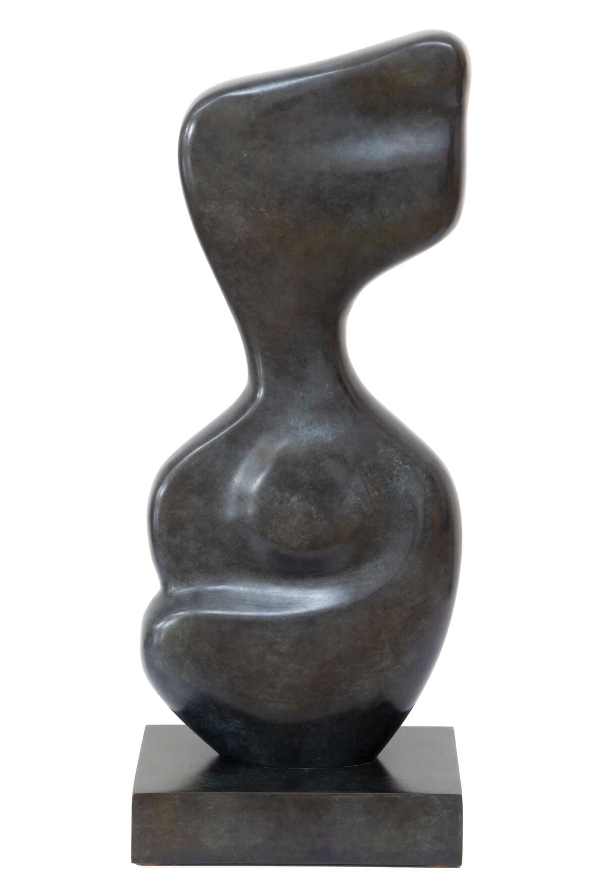 An abstract, biomorphic sculpture with smooth, undulating surfaces, rendered in dark patinated bronze. The form evokes a stylized human or organic shape, resting on a sturdy rectangular base of the same material and finish. Its curves are fluid and continuous, suggesting movement despite its static nature. — 3D model