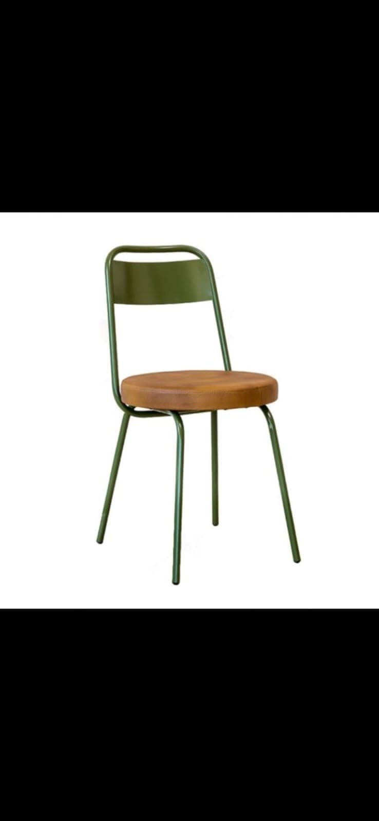 An industrial-style dining chair featuring an olive green tubular metal frame and a round, natural wood seat. The backrest is a simple, curved metal panel matching the frame. The design is minimalist and utilitarian, suitable for various casual or modern settings. — 3D model