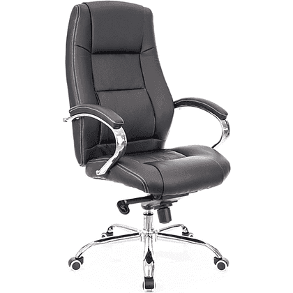 A black executive office chair featuring a high back, generously padded seat and backrest, and padded armrests with chrome supports. The chair is upholstered in faux leather with contrasting white stitching. It rests on a five-star chrome-plated base equipped with casters for mobility and appears to have a gas lift for height adjustment. — 3D model