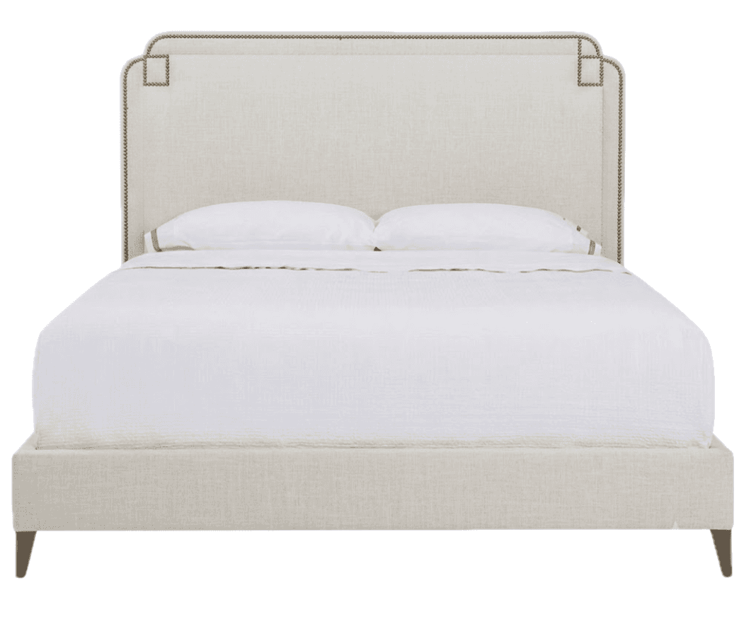 A contemporary upholstered bed featuring a distinctive headboard and a matching upholstered frame. T… — 3D model