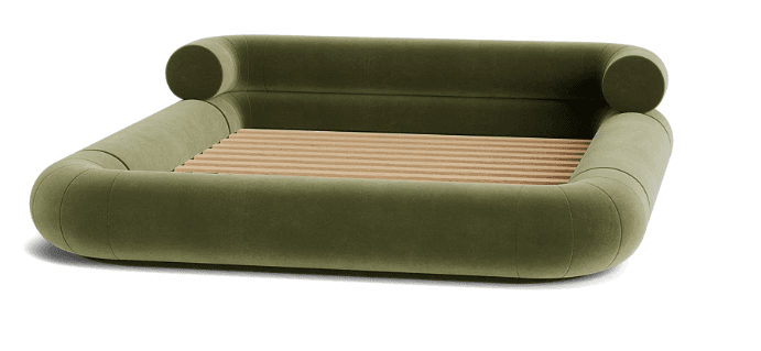 A modern platform bed frame featuring a plush, rounded design upholstered in an olive green velvet-like fabric. It includes an integrated headboard and wooden slats for mattress support. — 3D model
