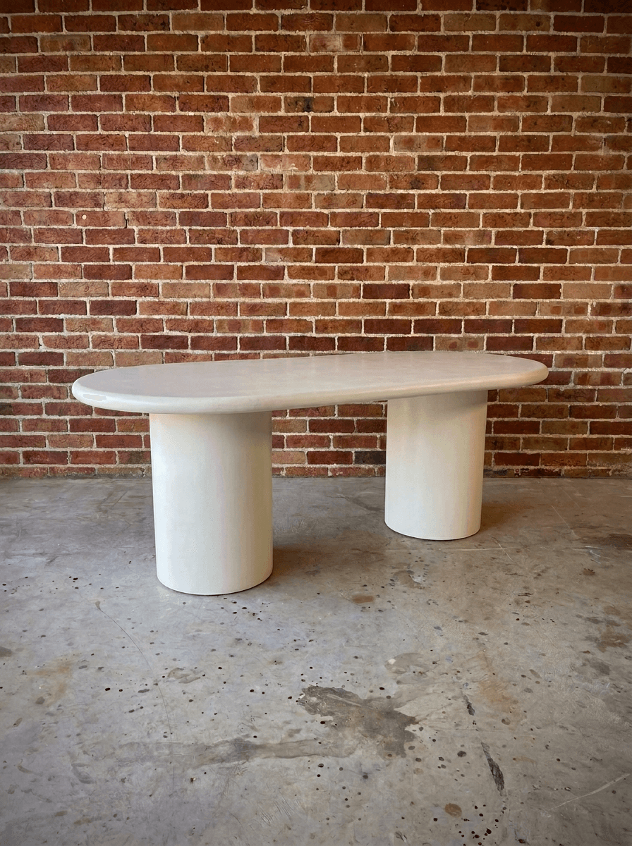 A minimalist, light gray oval coffee table featuring a monolithic design with a rounded tabletop supported by two cylindrical legs. — 3D model