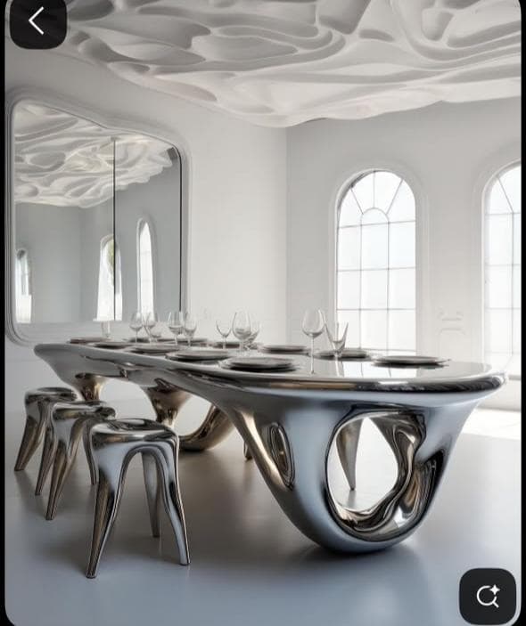 A sleek, modern coffee table featuring a silver metallic finish. The top is an elongated, kidney-bean shape with soft, rounded edges. It is supported by two organic, sculptural bases that form interconnected loops, giving the impression of fluid movement and futuristic design. The overall aesthetic is minimalist and contemporary. — 3D model