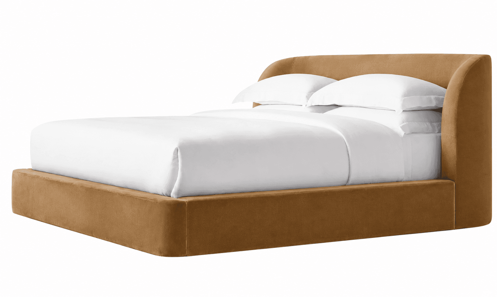 A modern upholstered platform bed featuring a continuous, curved wraparound headboard and side rails… — 3D model