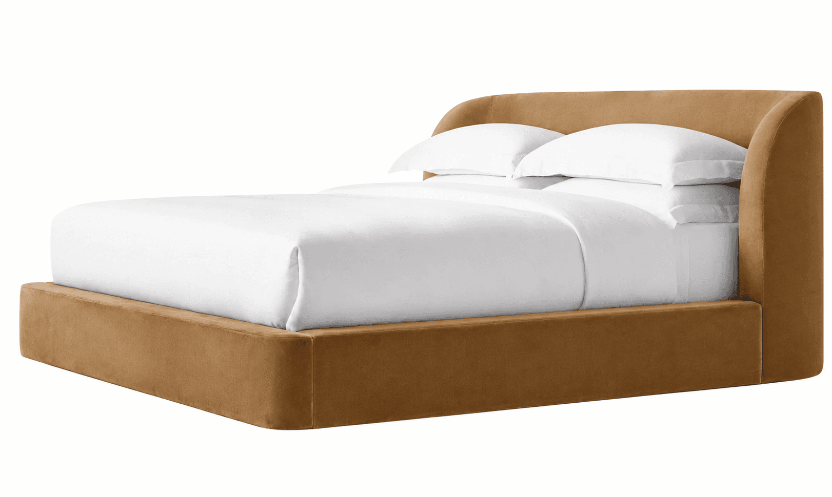 A modern upholstered platform bed featuring a continuous, curved wraparound headboard and side rails, all covered in a smooth camel-colored velvet fabric. The bed is presented with white bedding, showcasing its minimalist and inviting design. — 3D model