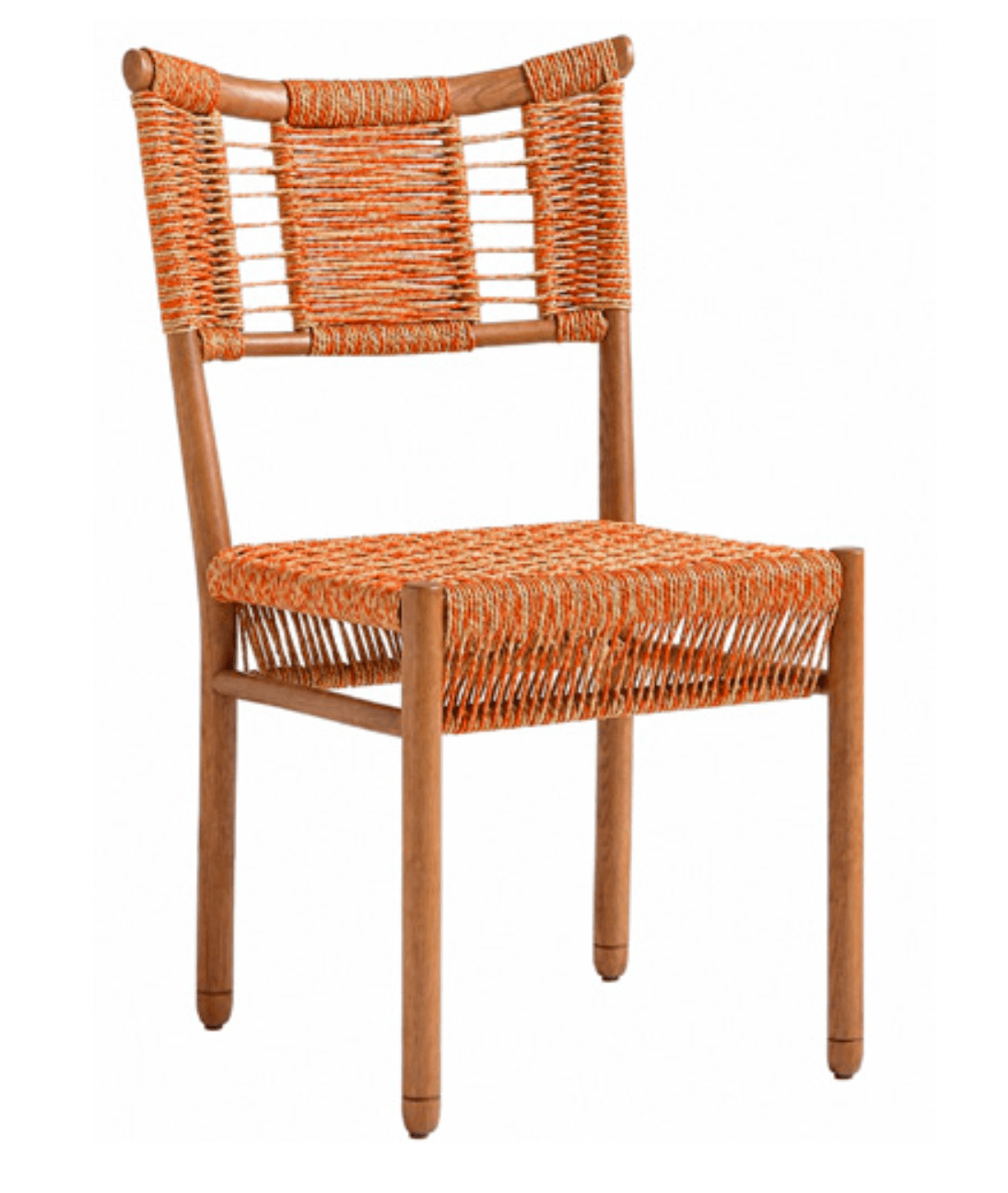 A contemporary dining chair featuring a light-toned wooden frame with a woven seat and backrest crafted from orange, beige, and natural-colored cords. The chair has four cylindrical, tapered legs and a gently curved top rail on the backrest. — 3D model