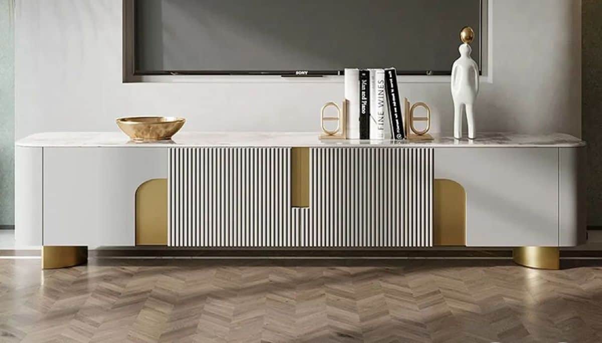 A sleek, contemporary media console featuring a rectangular white marble top with subtle gray veinin… — 3D model