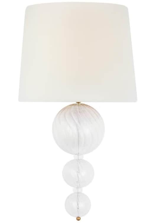 A contemporary table lamp featuring a stacked glass orb base and a white tapered fabric shade. The l… — 3D model
