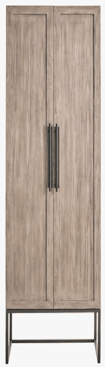 A tall, narrow cabinet with two doors, featuring a rustic wood grain finish and a dark metal base. T… — 3D model