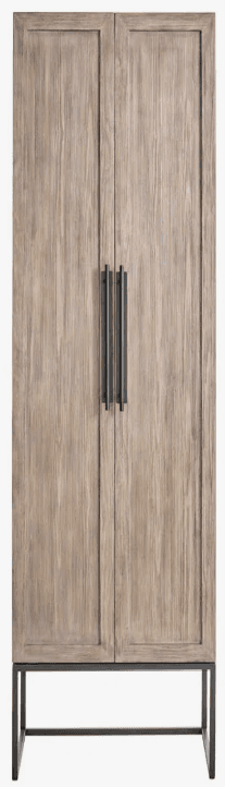 A tall, narrow cabinet with two doors, featuring a rustic wood grain finish and a dark metal base. The doors have recessed panels and are fitted with a set of three vertical, dark metal bar handles. The cabinet stands on a minimalist metal frame, giving it a slightly elevated appearance. The wood grain suggests a distressed or washed finish. — 3D model