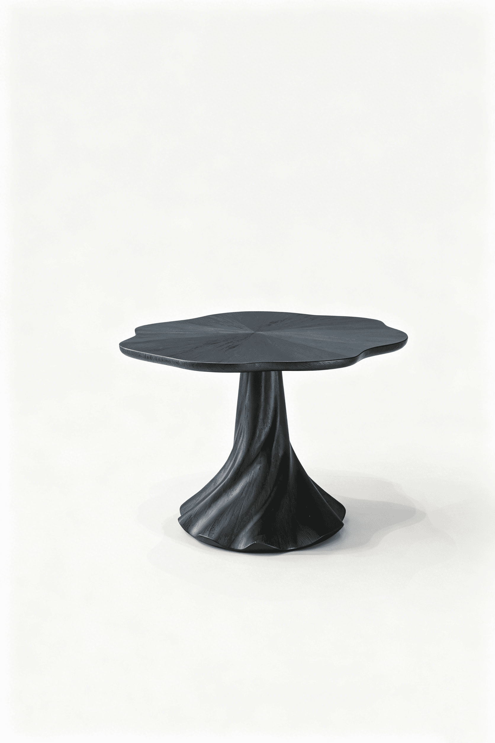 A dark, ebonized wood coffee table featuring an irregular, wavy-edged tabletop and a sculptural, twisted pedestal base, set against a plain white background. — 3D model