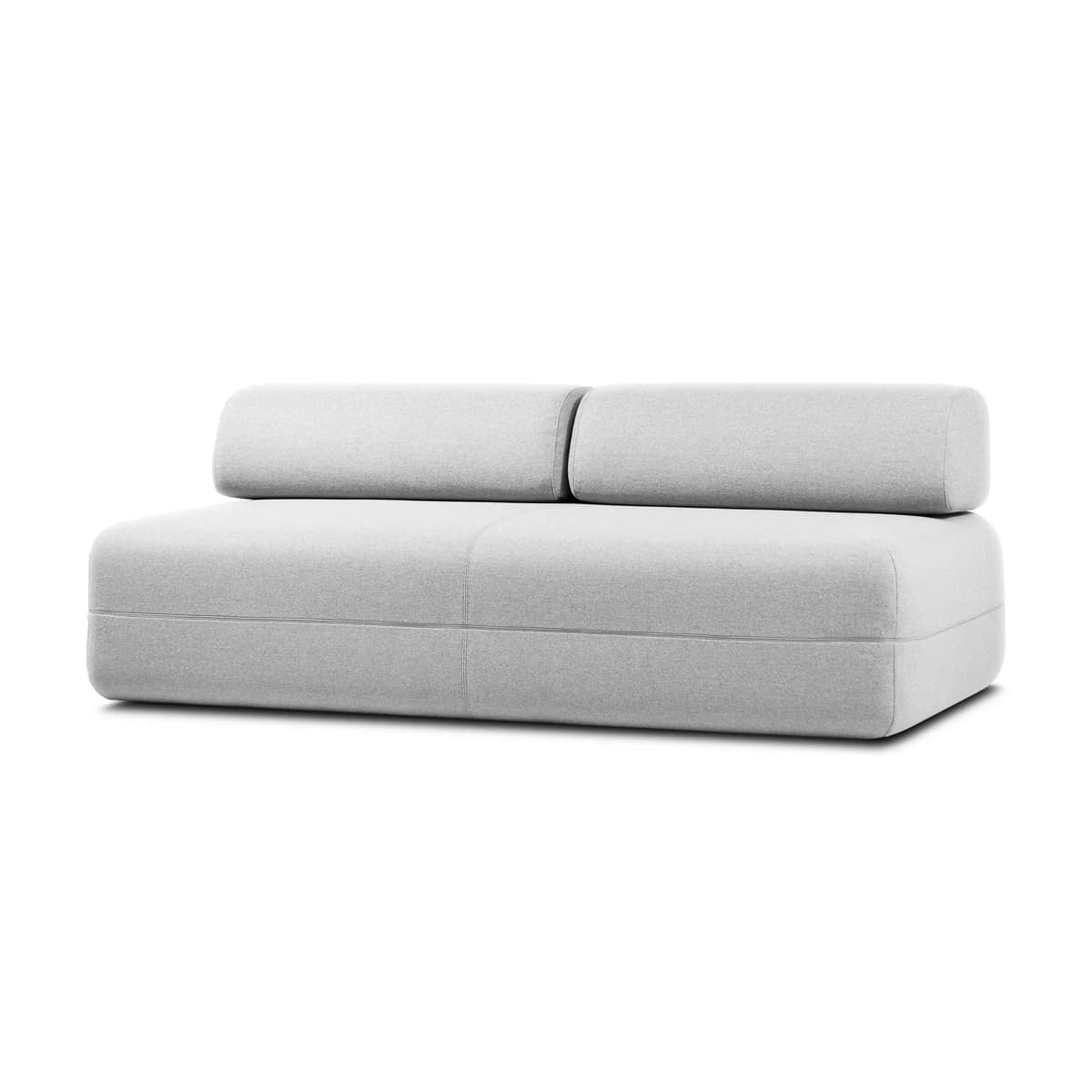 A modern, light grey upholstered sofa with a minimalist design. It features a low profile, clean lines, and two distinct seat cushions. The backrest consists of two rectangular, elongated cushions placed side-by-side, with one having a slightly rounded end visible on the left. The upholstery appears to be a textured fabric. — 3D model