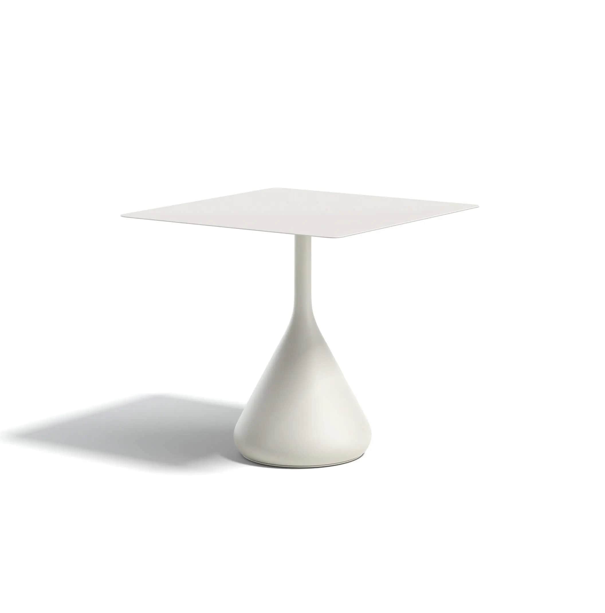 A modern, light-colored table featuring a square top supported by a sleek, conical pedestal base, pr… — 3D model