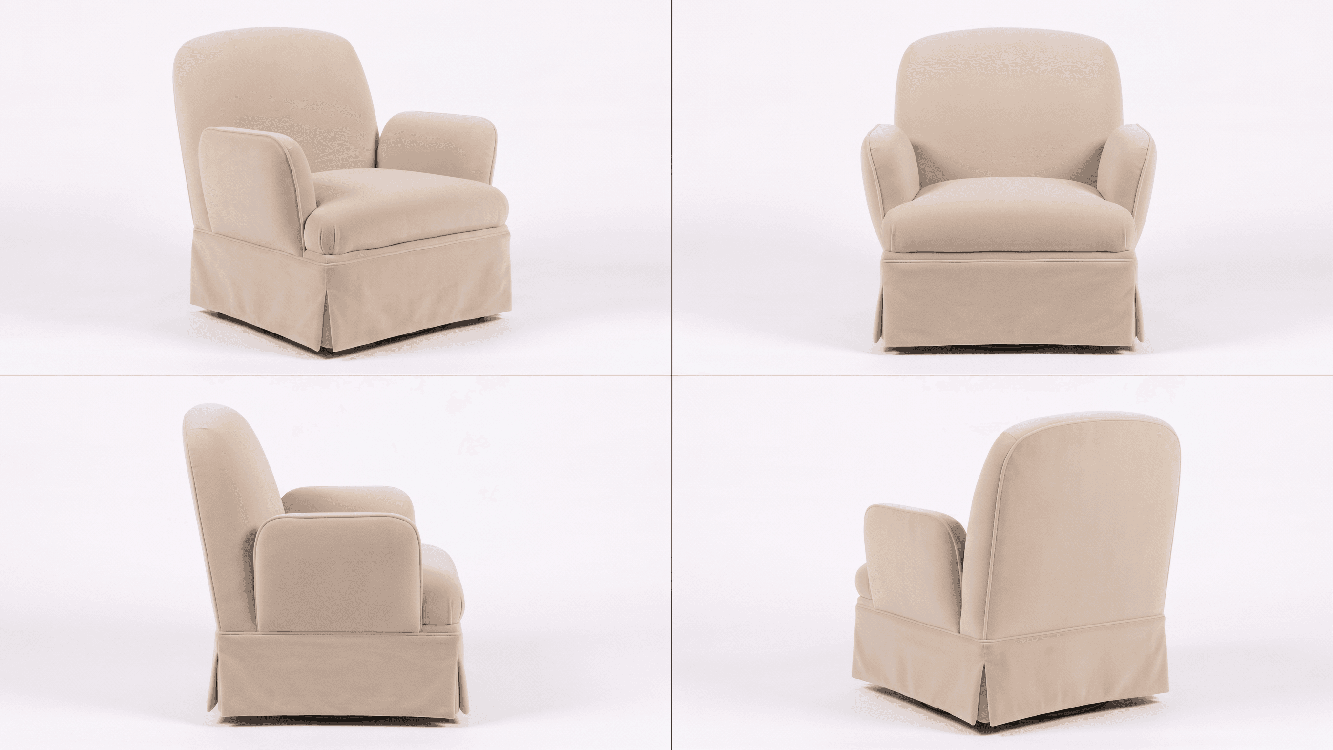 A light beige upholstered swivel armchair featuring a fully skirted base and rounded, plush forms. The chair has rolled arms, a generously padded backrest, and a soft seat cushion, all covered in a smooth fabric. — 3D model