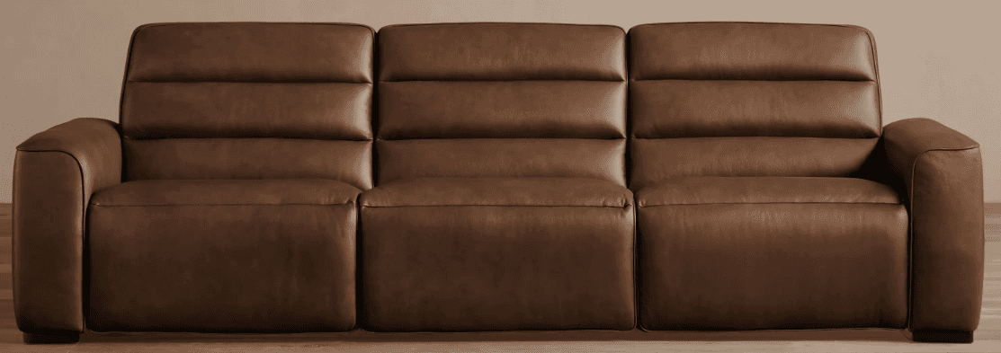 A three-seater sofa with a sleek, modern design. The sofa features channel tufting on the back cushi… — free GLTF 3D model