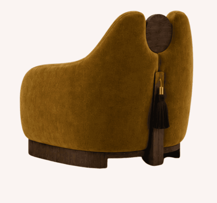 An upholstered accent chair featuring a rich, olive-green velvet fabric and distinctive dark wood el… — 3D model