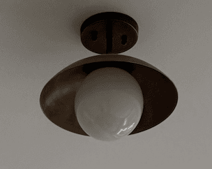 An aged brass semi-flush mount ceiling light featuring a curved, bowl-shaped brass shade that partially encloses a spherical opal glass diffuser. The fixture is mounted to the ceiling via a circular canopy and a short stem, allowing the light to extend slightly from the ceiling plane. The brass exhibits a brushed or antiqued finish, contributing to a vintage yet modern aesthetic. The design is minimalist, focusing on geometric shapes and material contrast. — 3D model