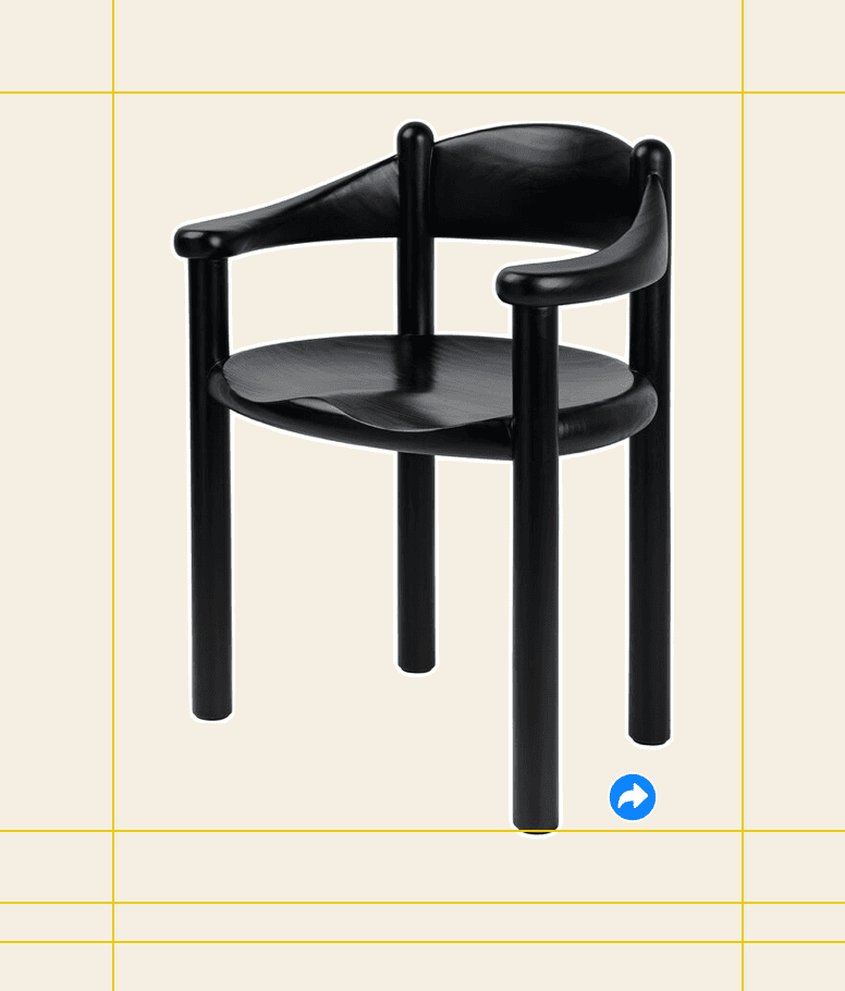 A contemporary armchair crafted entirely from wood, finished in a matte black. It features a minimalist design with thick, cylindrical legs and armrests that curve gently upwards from the front legs, meeting a rounded, integrated backrest. The seat is sculpted with a slight scoop for comfort, and all edges are softly rounded, giving the chair an organic, sculptural quality. The overall aesthetic is sleek and modern. — 3D model