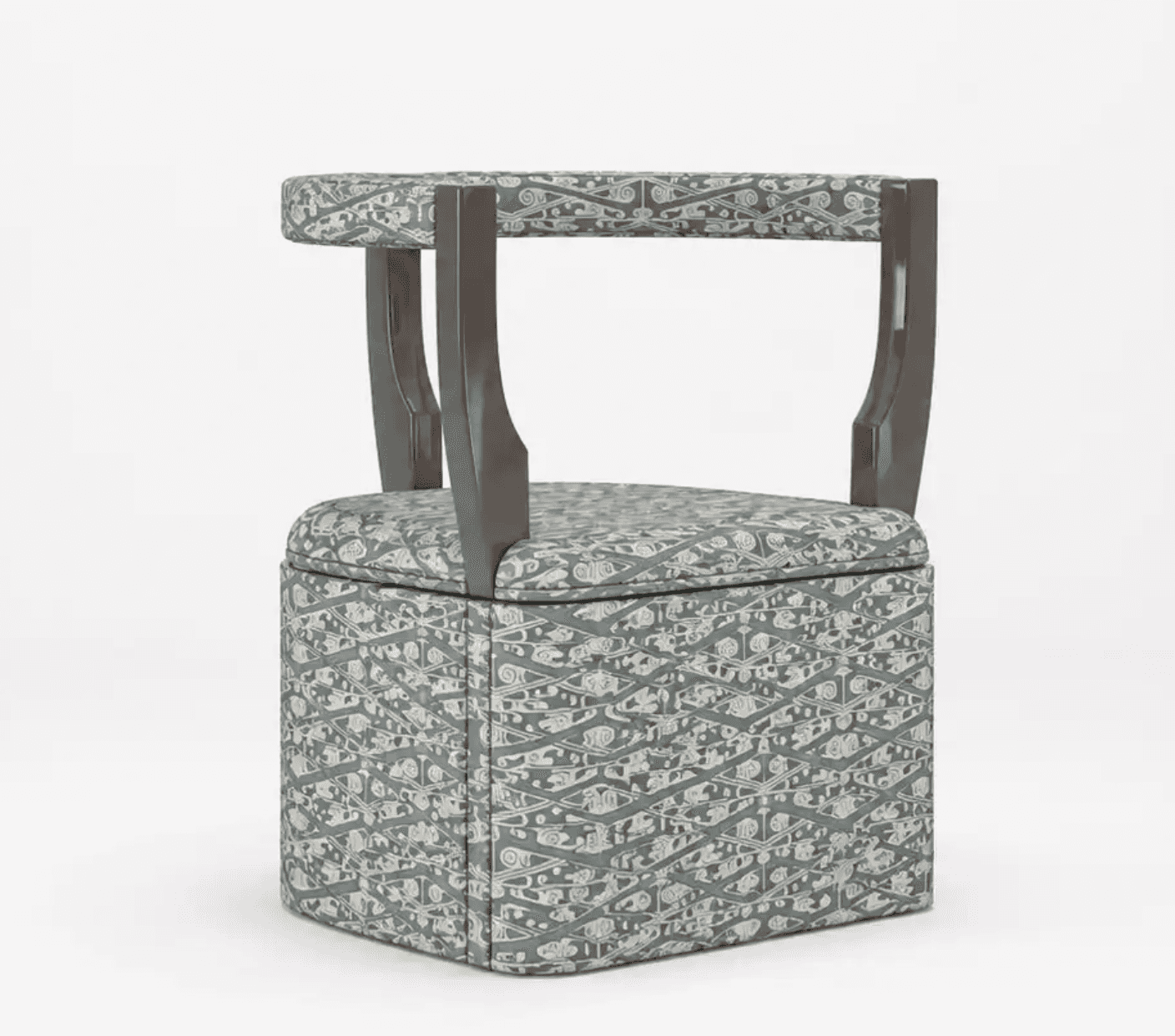 A compact upholstered club chair with a distinctive open backrest and integrated armrests. The chair… — 3D model