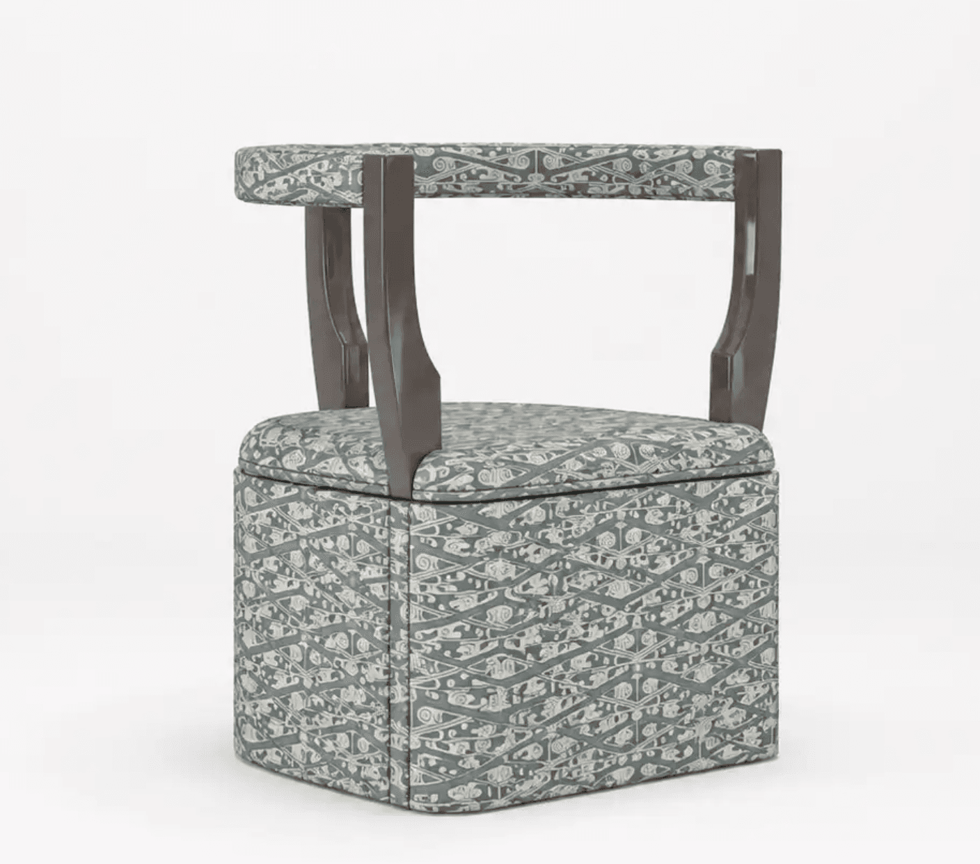 A compact upholstered club chair with a distinctive open backrest and integrated armrests. The chair features a cubic base entirely covered in a patterned fabric, displaying an intricate, possibly organic or geometric, design in light gray against a muted blue-green background. The visible frame elements of the back and arms are made of dark brown wood with a smooth, polished finish. — 3D model