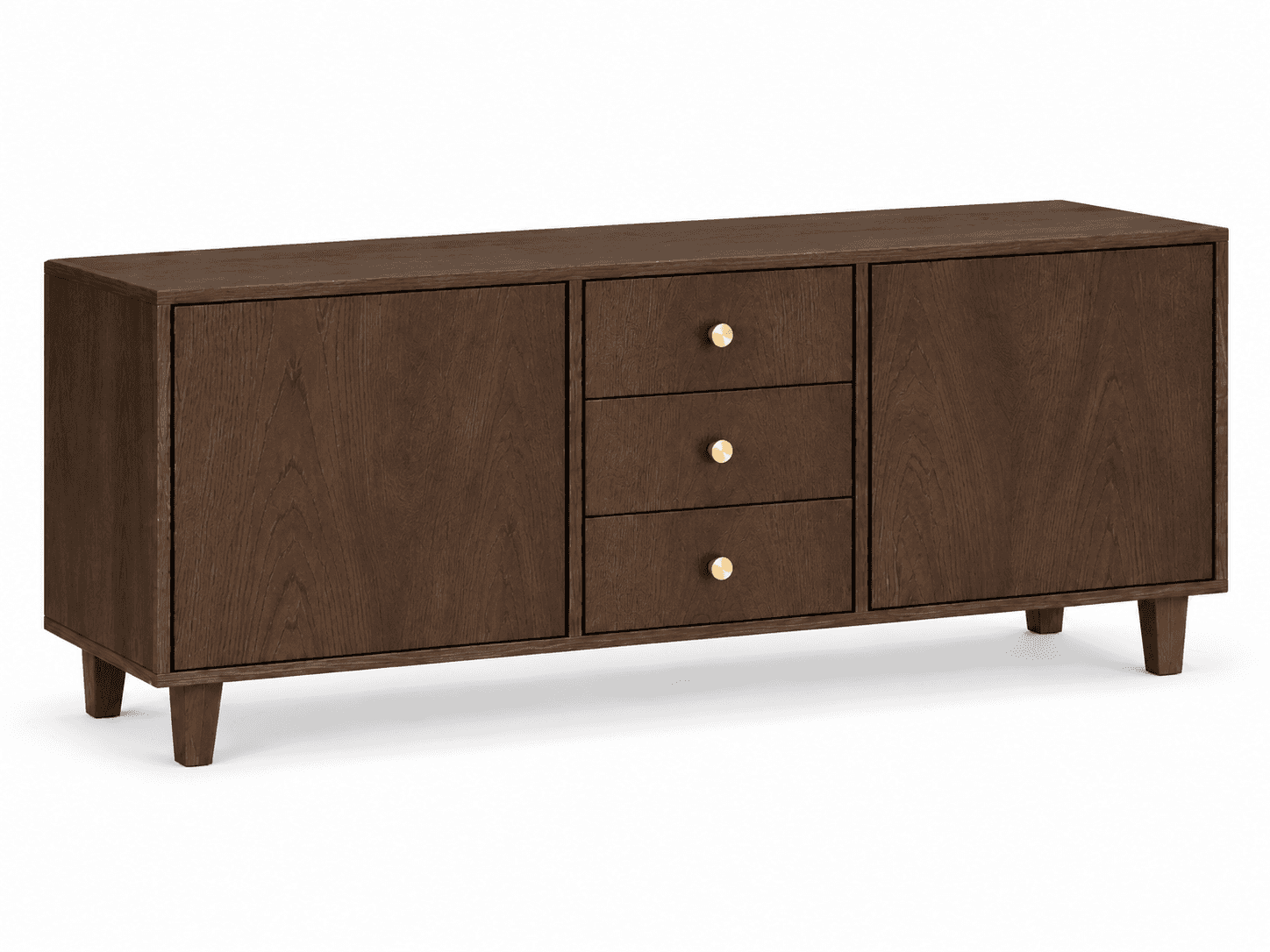 A long, rectangular dark wood sideboard featuring two side cabinets with solid doors and three centr… — 3D model