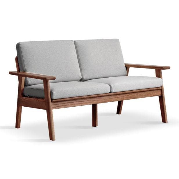 A two-seater loveseat featuring a prominent exposed wooden frame in a rich brown finish and light grey fabric cushions. The design exhibits clean lines and a mid-century modern aesthetic, with a slatted backrest structure and open armrests. — 3D model