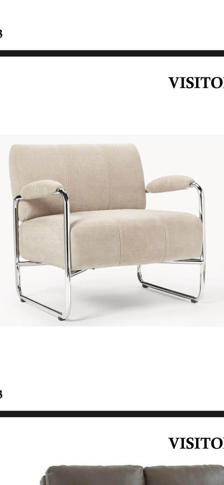 An upholstered armchair featuring a polished tubular metal frame that forms both the armrests and a… — free OBJ 3D model
