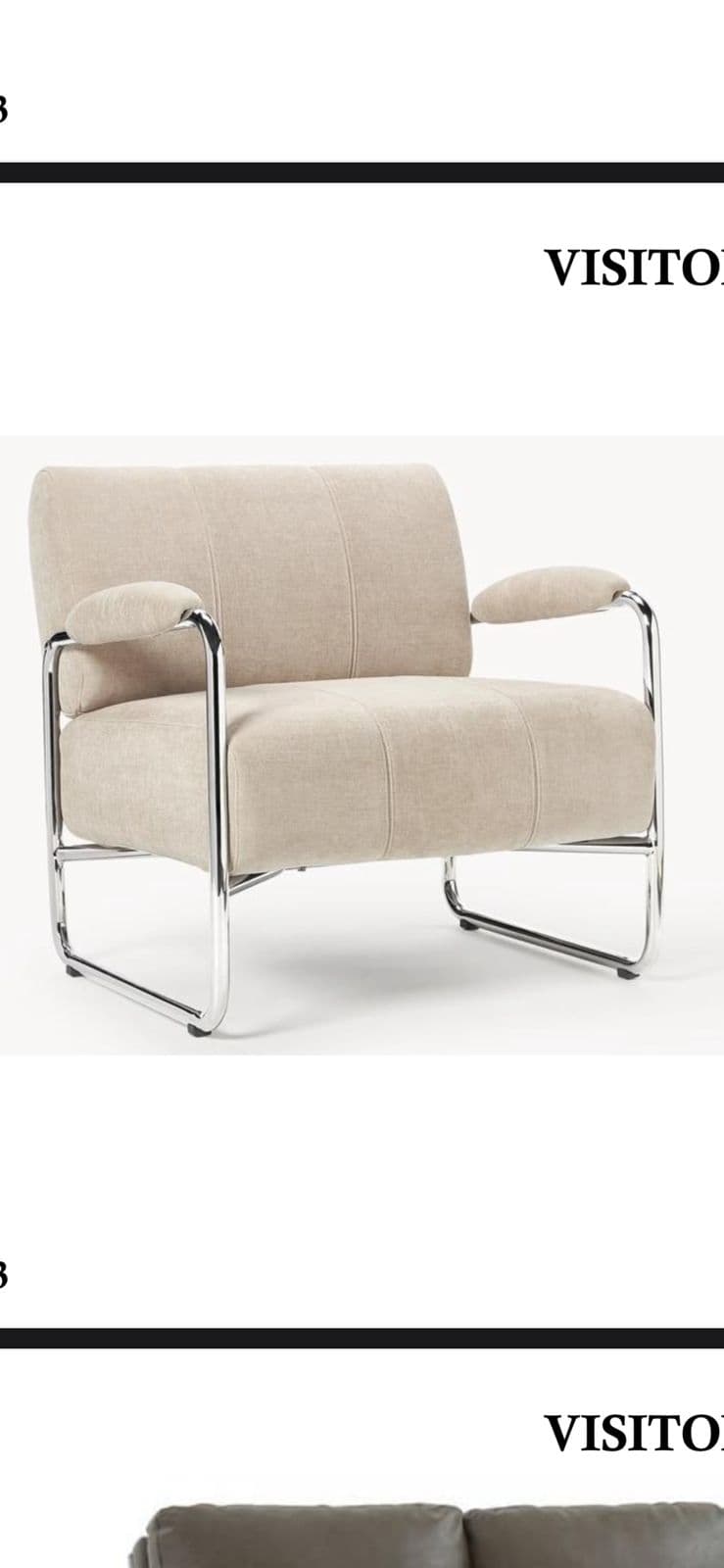An upholstered armchair featuring a polished tubular metal frame that forms both the armrests and a continuous sled base. The chair is covered in a light beige or cream-colored fabric with subtle horizontal channel stitching on the seat, back, and armrests. The design appears modern and minimalist. — 3D model