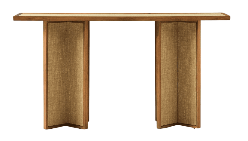 A console table with a rectangular top and two substantial, vertical supports. The top appears to have a lighter colored inlay or veneer on its surface and a wooden frame. The vertical supports are constructed with wooden frames and feature woven fabric panels, likely of a natural fiber like linen or jute, on their inner and outer faces. The supports are angled at the bottom, creating a visually interesting base. — 3D model