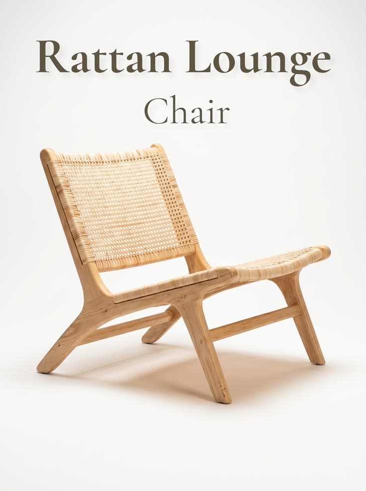A low-slung lounge chair featuring a natural light-toned wooden frame and woven cane seat and backrest. The frame has a minimalist, sculpted design with gently curved lines, providing a relaxed recline. The open weave of the cane adds textural interest and promotes breathability. — 3D model