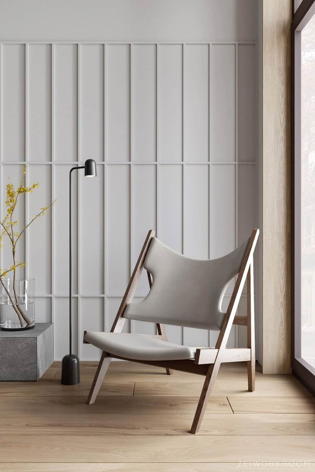 A low-slung lounge chair featuring a dark stained wooden A-frame structure and light grey synthetic… — 3D model