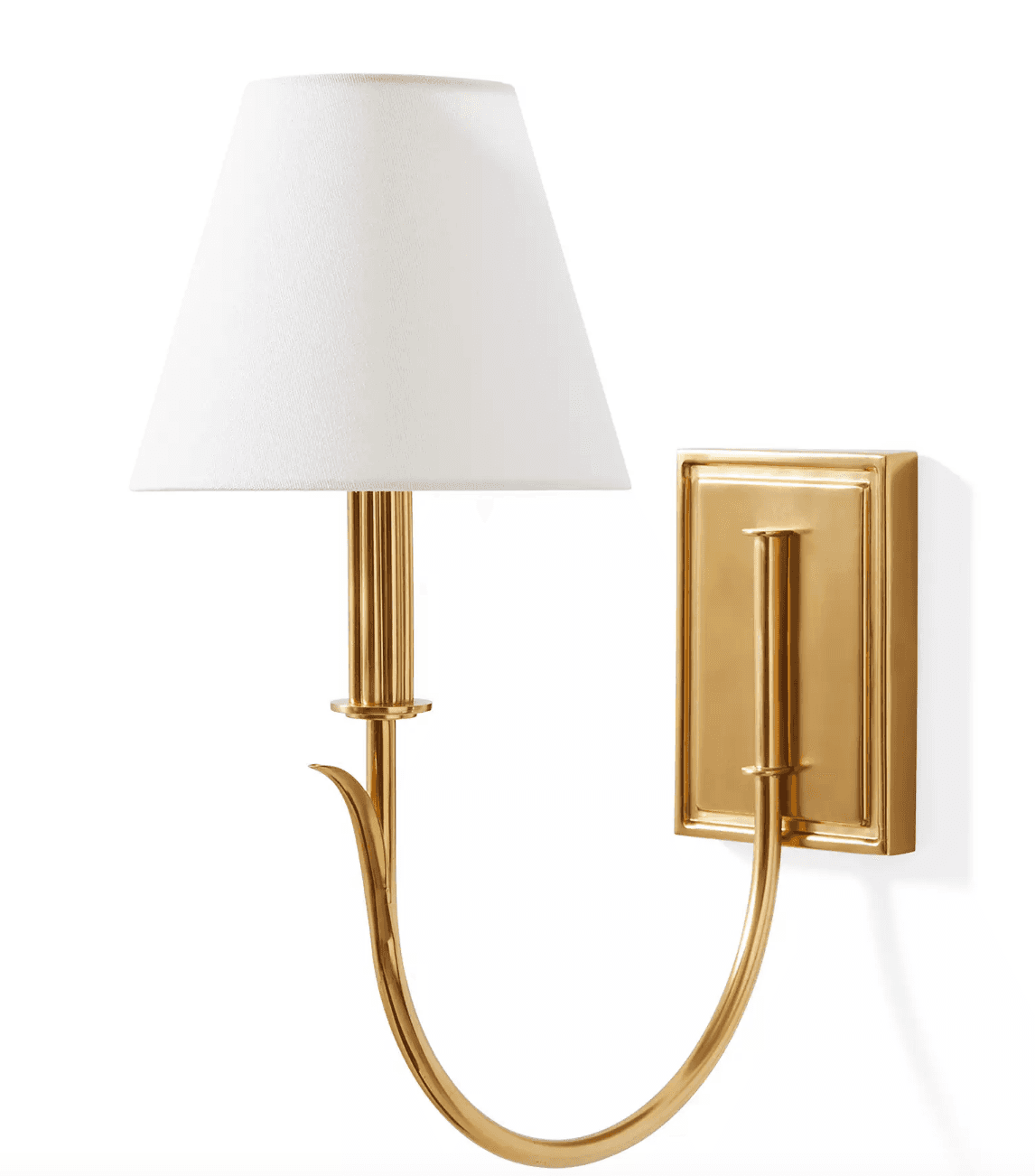A polished brass wall sconce featuring a white fabric lampshade with a tapered drum shape. The sconc… — 3D model