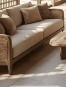 A modern two-seater sofa featuring a light-toned wooden frame with integrated cane weaving on the ar… — 3D model