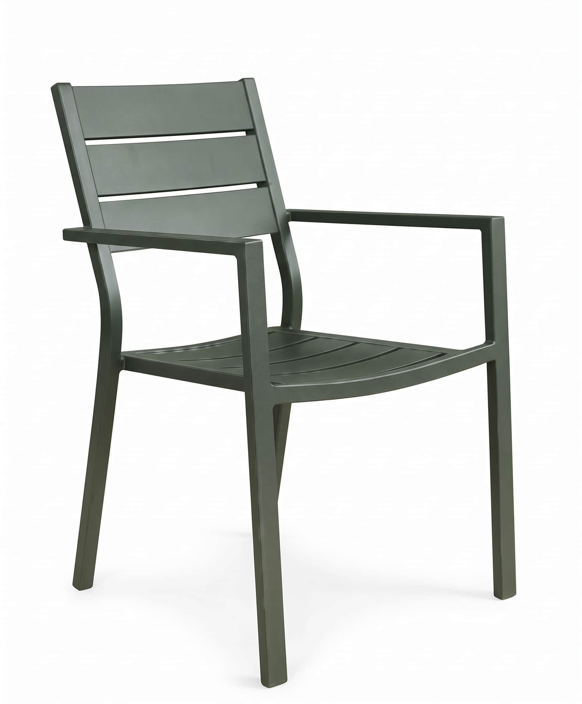 A single-seater armchair constructed from a matte, dark olive-green powder-coated metal, featuring a… — 3D model