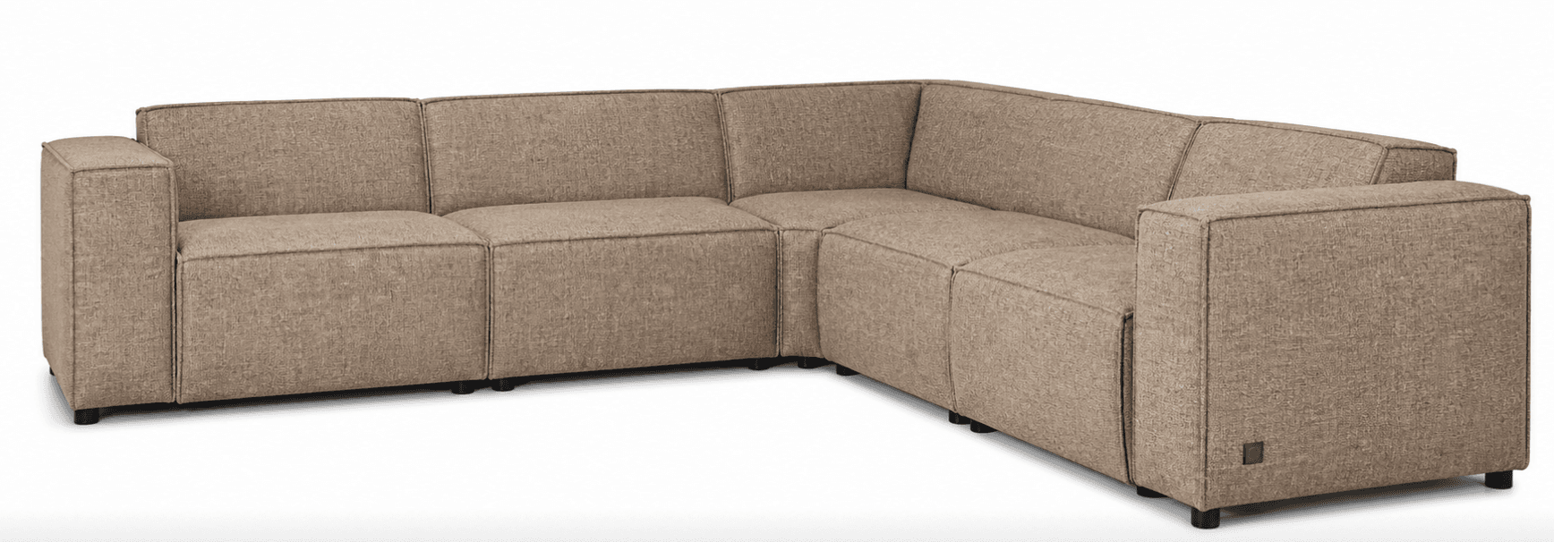 A modular sectional sofa with a corner configuration. The sofa features clean lines, boxy armrests, and multiple seating segments. It is upholstered in a textured fabric. The base has low-profile black feet. — 3D model